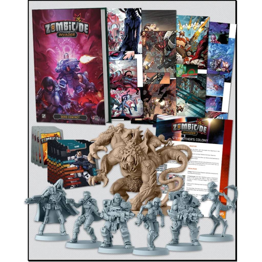 CMON Comic Book Vol.1 Zombicide Invader Kickstarter promo image showing all miniatures, cards, and the graphic novel