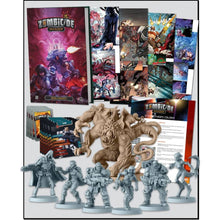 Load image into Gallery viewer, CMON Comic Book Vol.1 Zombicide Invader Kickstarter promo image showing all miniatures, cards, and the graphic novel
