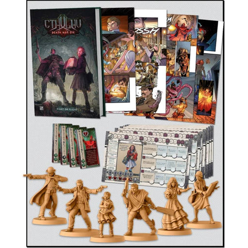 CMON Comic Book Vol.1 Kickstarter Cthulhu Death May Die promo graphic showing miniatures, dashboards, cards, and graphic novel